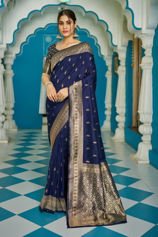 Vsaree Blue Silk Blend Saree With Designer Border And Heavy Pallu Along With Blouse