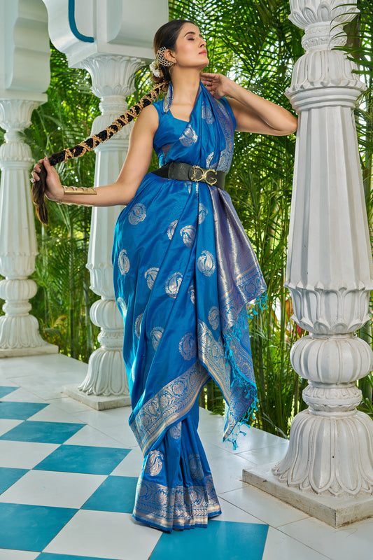 Vsaree Blue Silk Blend Saree With Designer Border And Heavy Pallu Along With Blouse