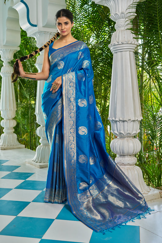 Vsaree Blue Silk Blend Saree With Designer Border And Heavy Pallu Along With Blouse