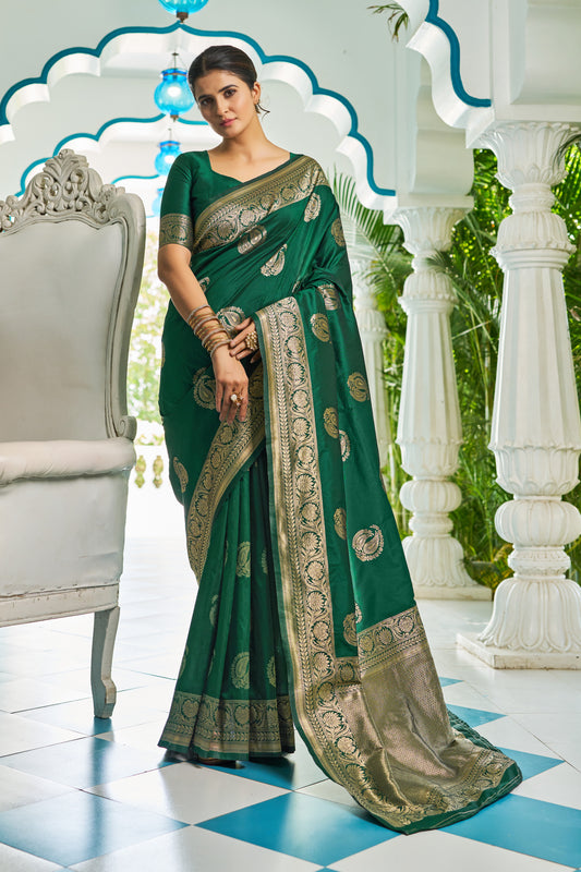 Vsaree Green Silk Blend Saree With Designer Border And Heavy Pallu Along With Blouse