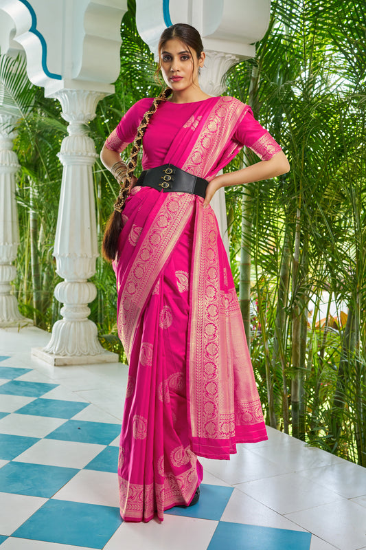 Vsaree Pink Silk Blend Saree With Designer Border And Heavy Pallu Along With Blouse