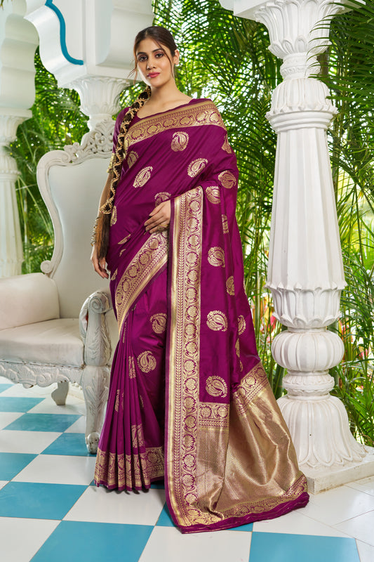 Vsaree Wine Silk Blend Saree With Designer Border And Heavy Pallu Along With Blouse