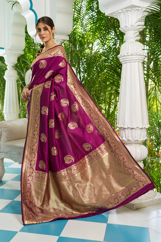 Vsaree Wine Silk Blend Saree With Designer Border And Heavy Pallu Along With Blouse