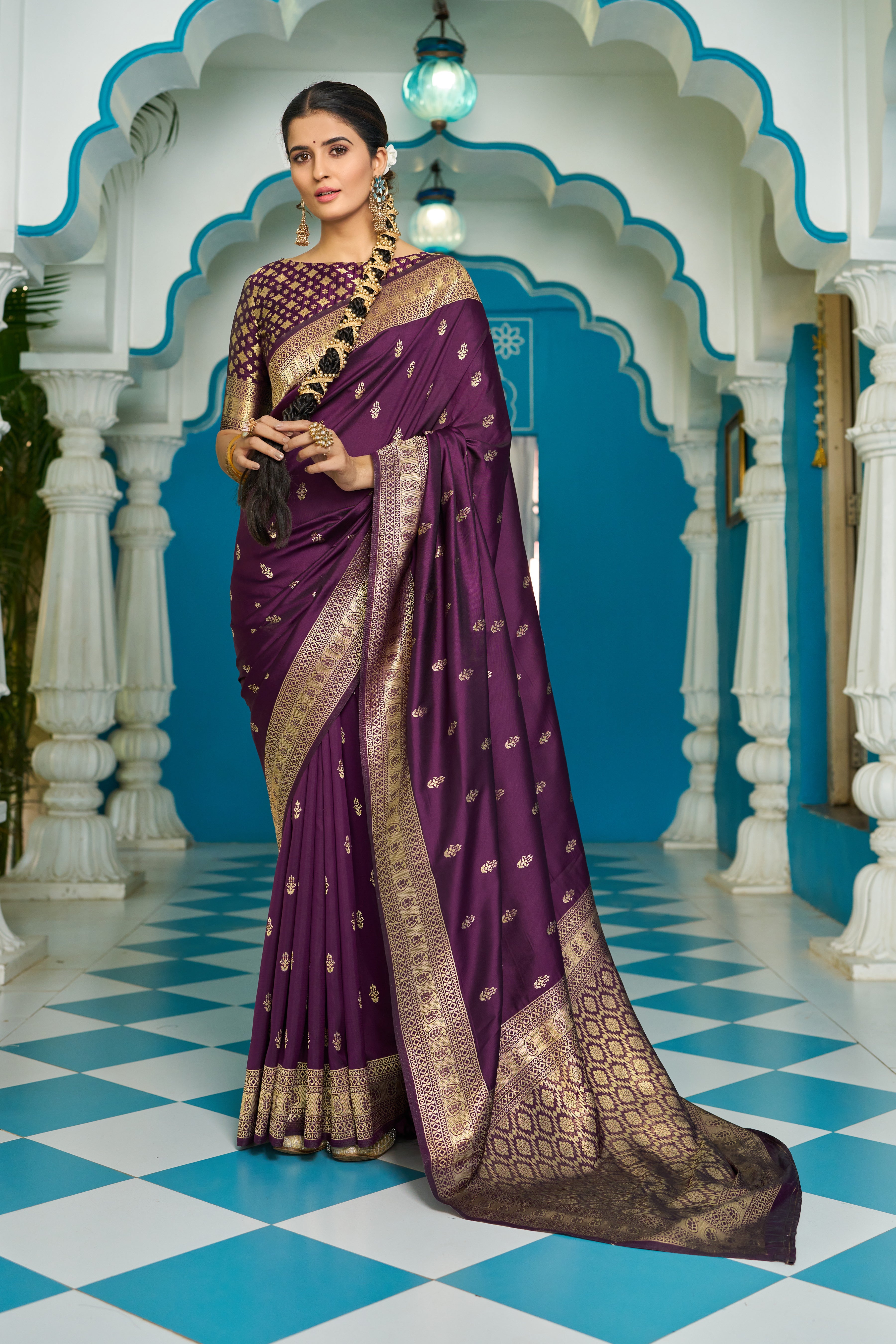 Vsaree Wine Silk Blend Saree With Designer Border And Heavy Pallu Along With Blouse