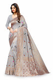 Grey Color Bird Floral Design Banarasi Silk  Saree With Fancy Blouse