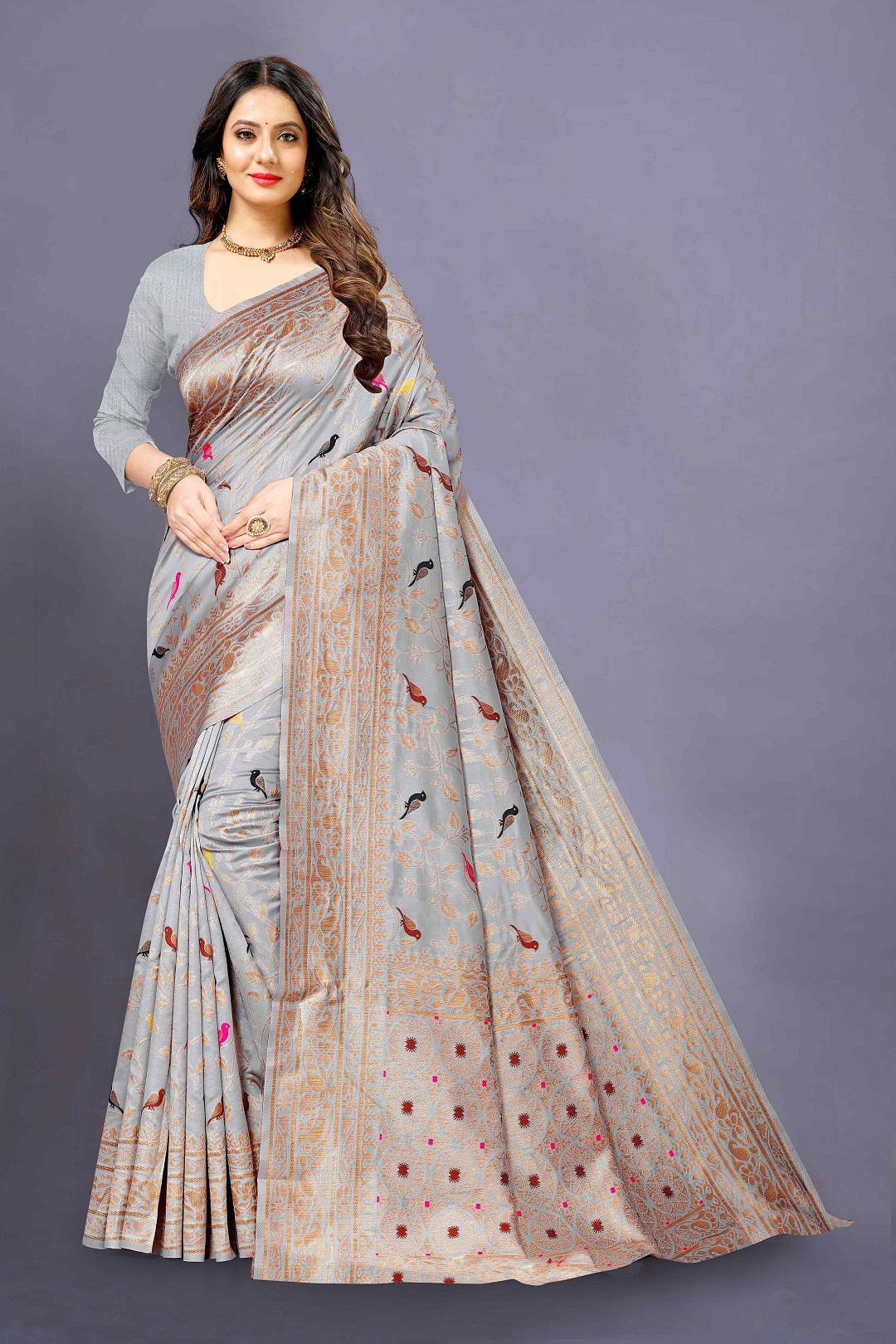 Grey Color Bird Floral Design Banarasi Silk  Saree With Fancy Blouse