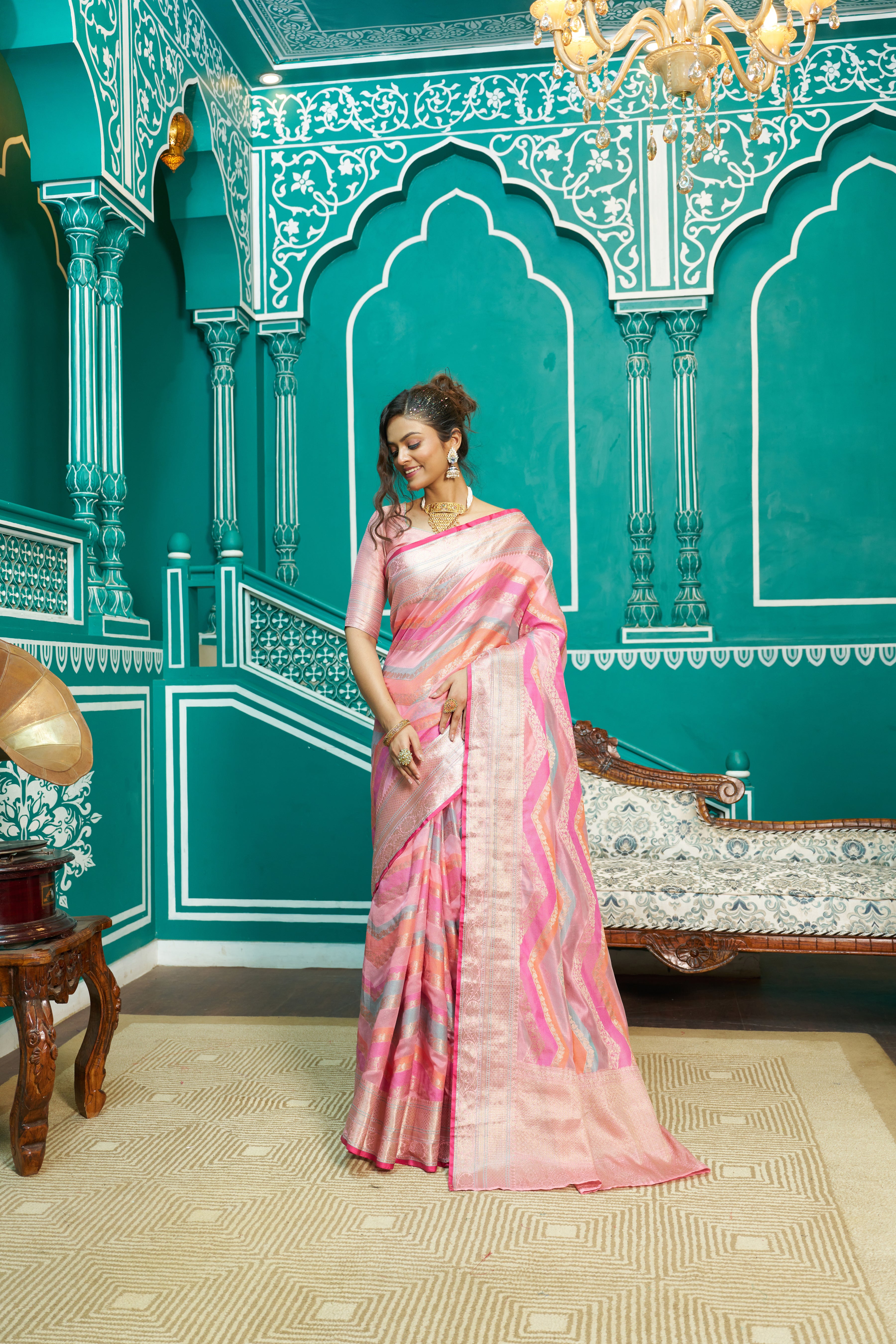 Designer Banarasi Kanjivaram Silk Golden Border With Banarasi Design Saree And Blouse