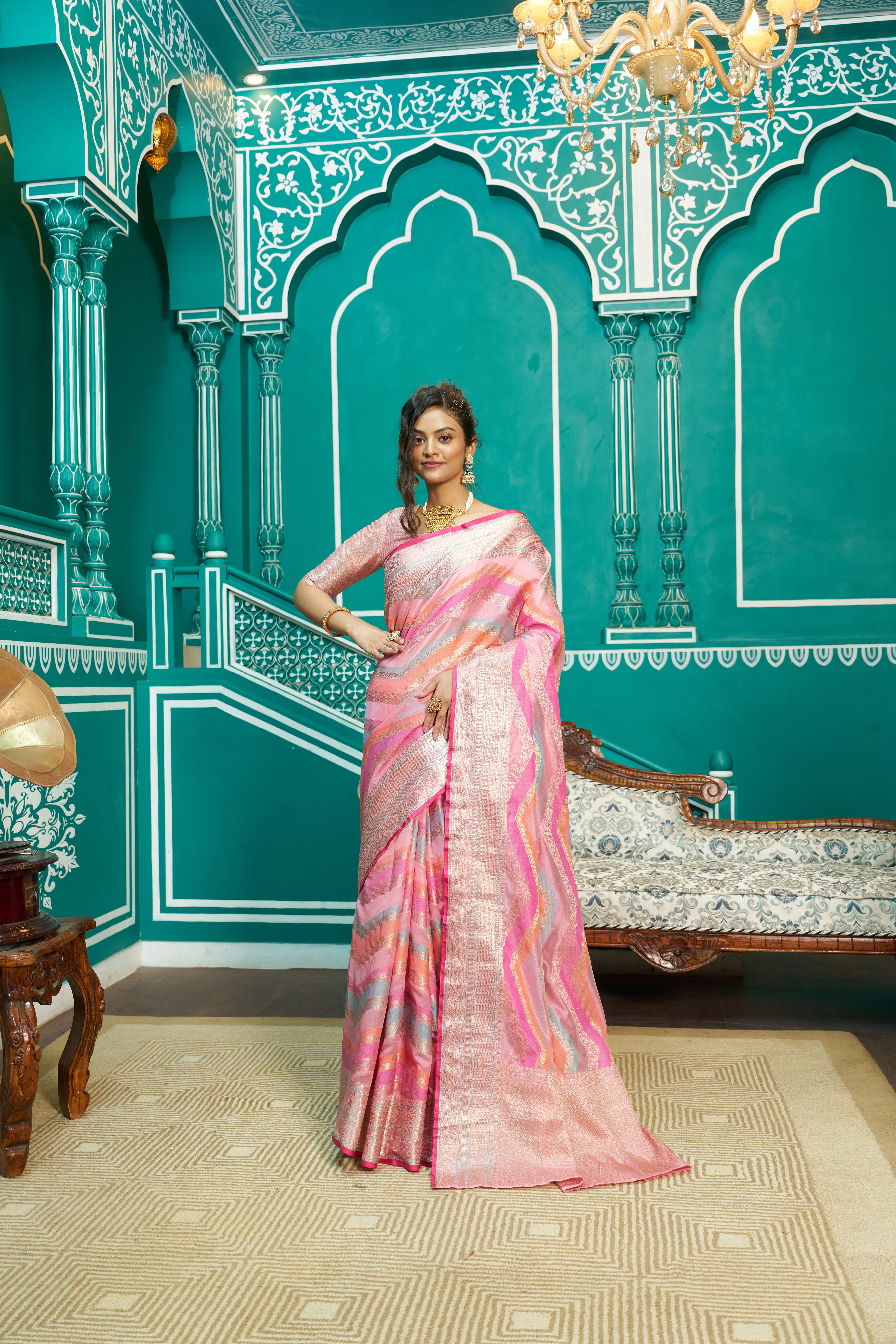 Designer Banarasi Kanjivaram Silk Golden Border With Banarasi Design Saree And Blouse