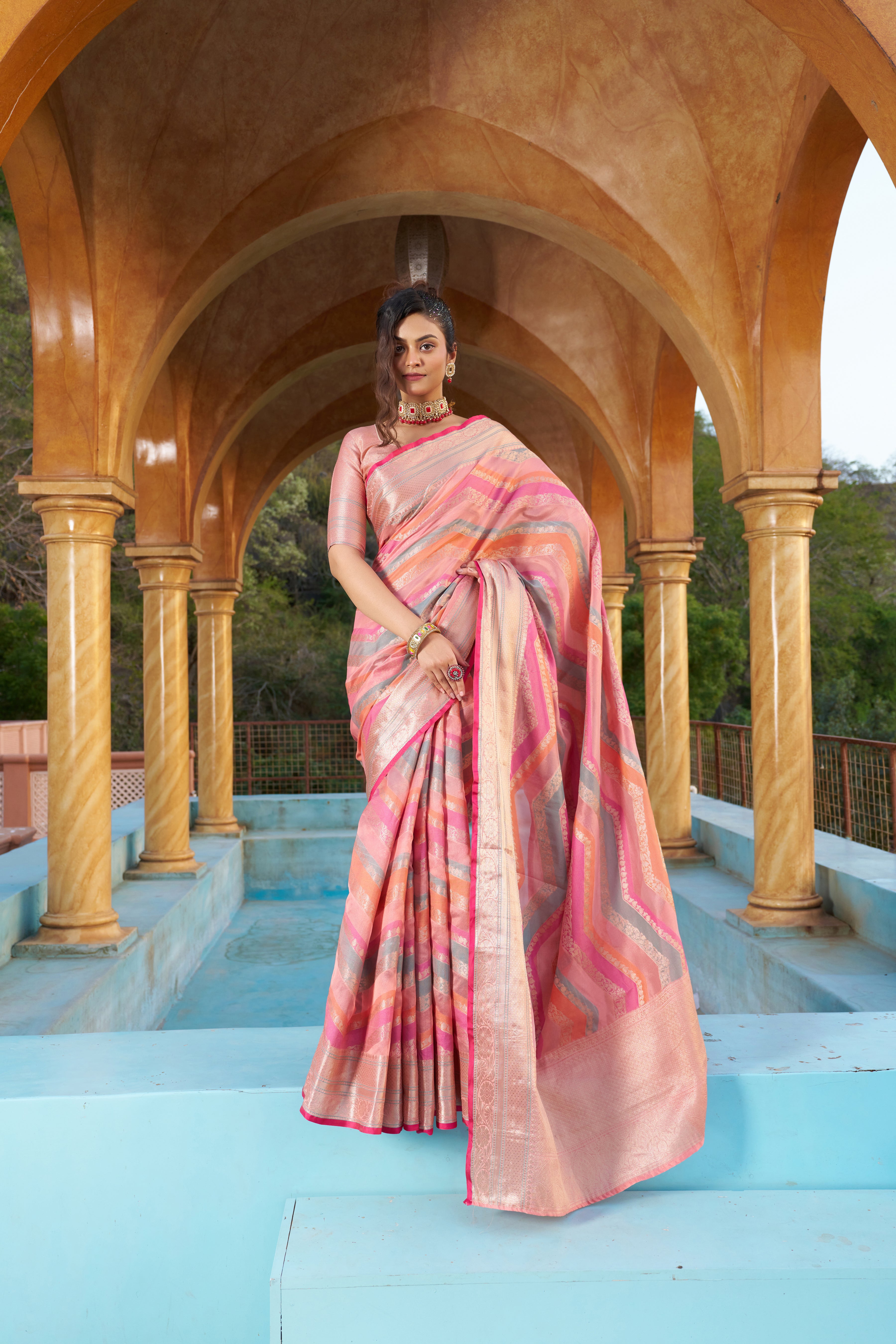 Designer Banarasi Kanjivaram Silk Golden Border With Banarasi Design Saree And Blouse