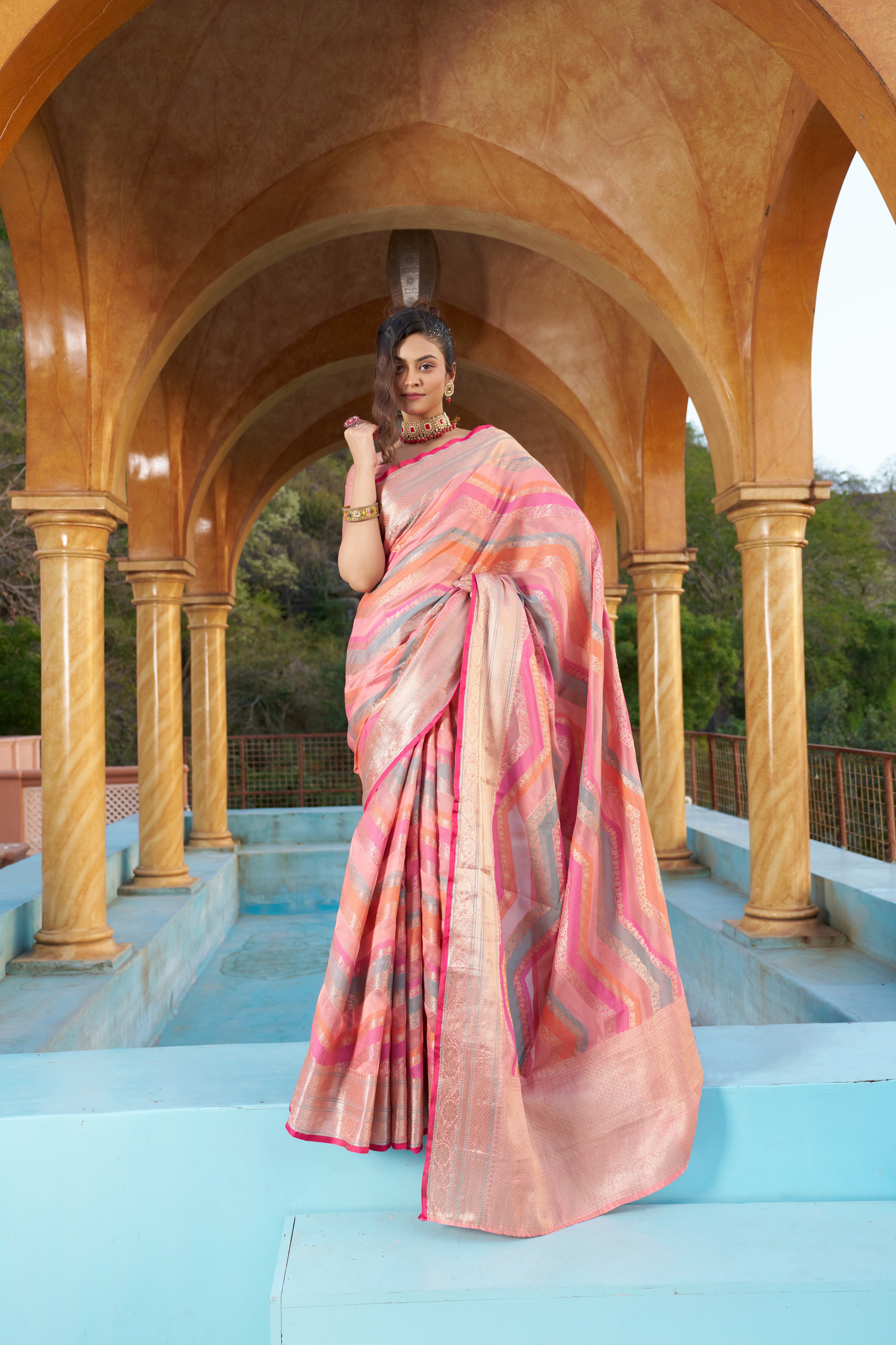 Designer Banarasi Kanjivaram Silk Golden Border With Banarasi Design Saree And Blouse