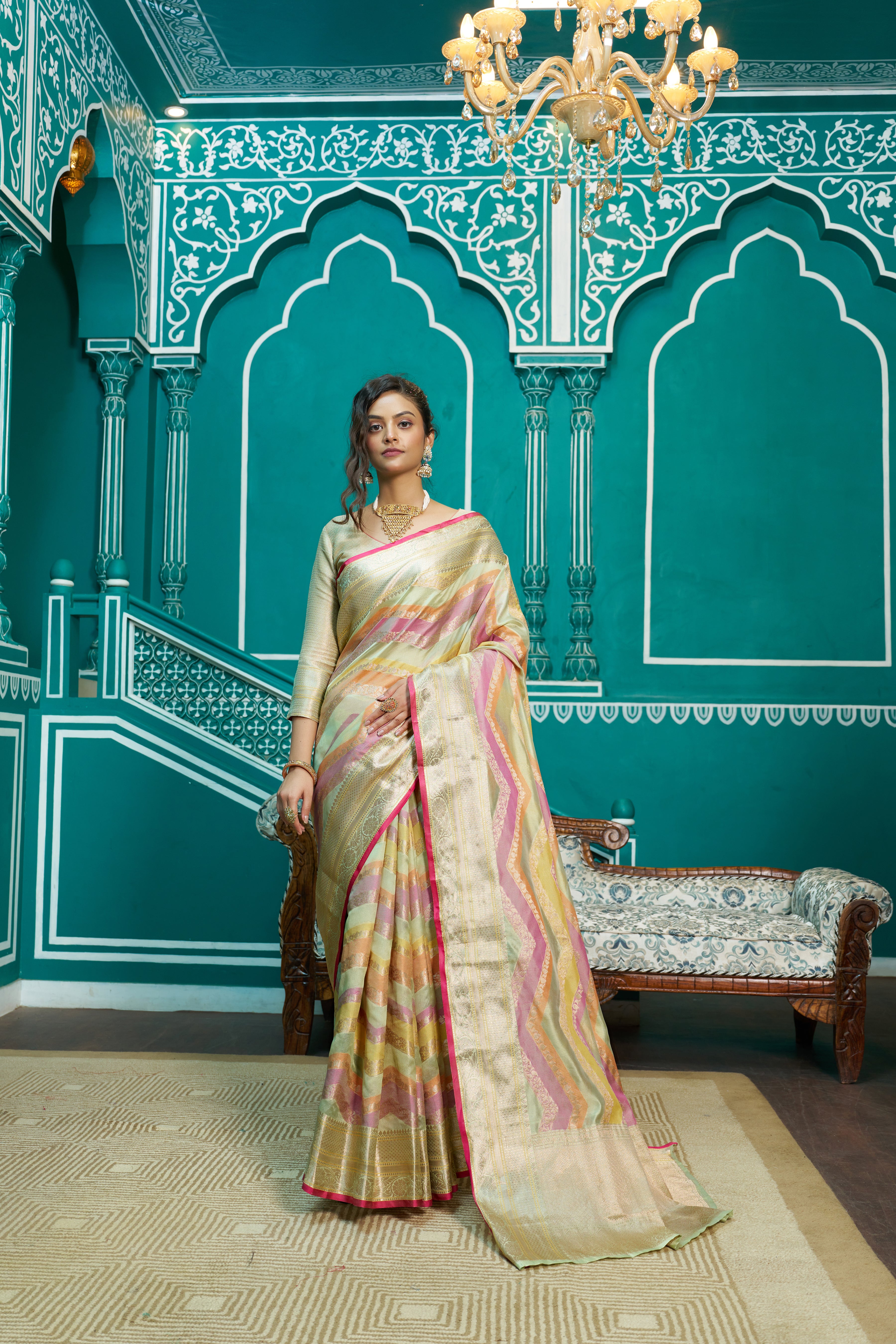 Designer Banarasi Kanjivaram Silk Golden Border With Banarasi Design Saree And Blouse