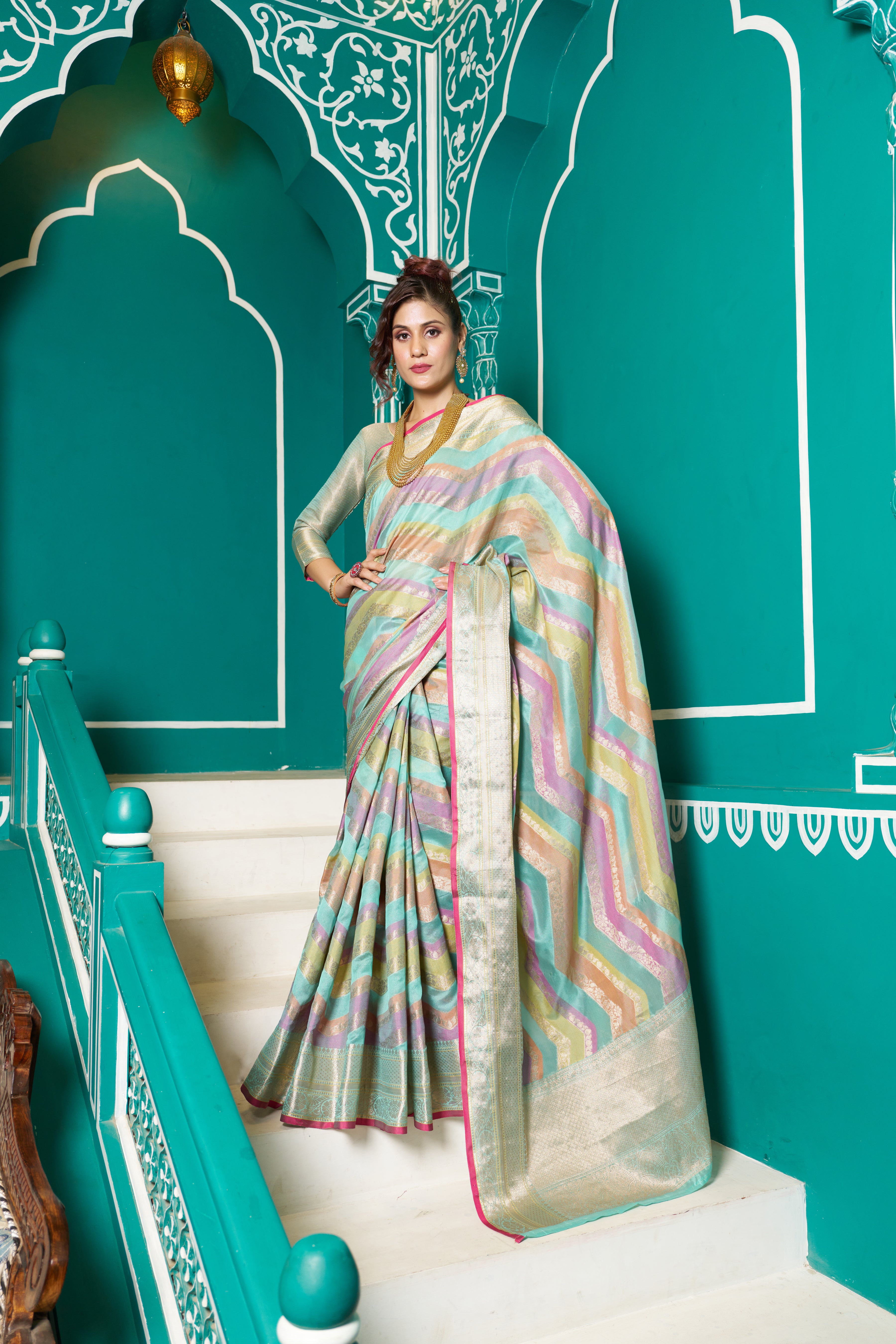 Designer Banarasi Kanjivaram Silk Golden Border With Banarasi Design Saree And Blouse