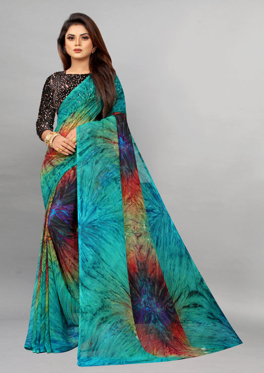 Vsaree Firozi Banglory Designer And Printed Work Saree With Banglory Blouse For Women