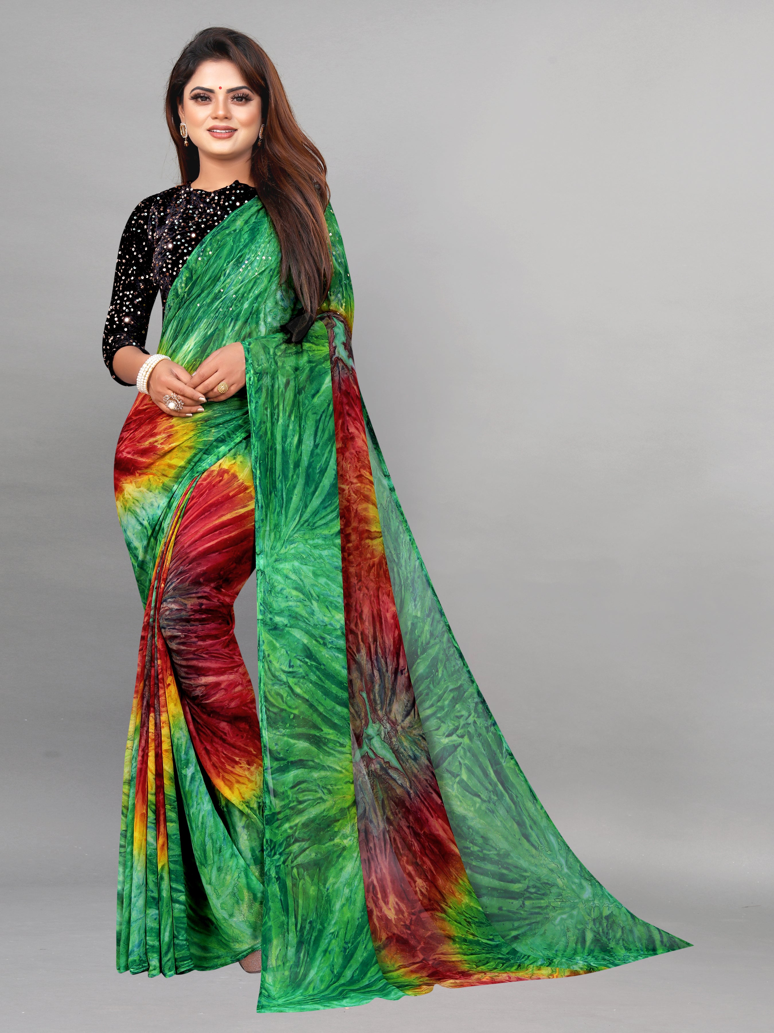 Vsaree Green Banglory Designer And Printed Work Saree With Banglory Blouse For Women