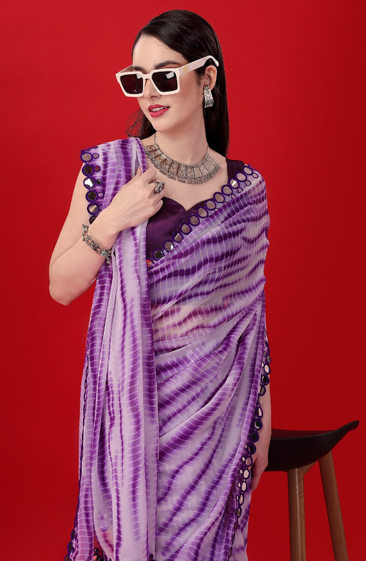 Vsaree Purple Banglory Designer And Printed Work Saree With Banglory Blouse For Women