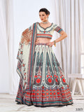 WOMEN'S WHITE CHINON DIGITAL PRINT FESTIVE WEAR LEHENGA CHOLI