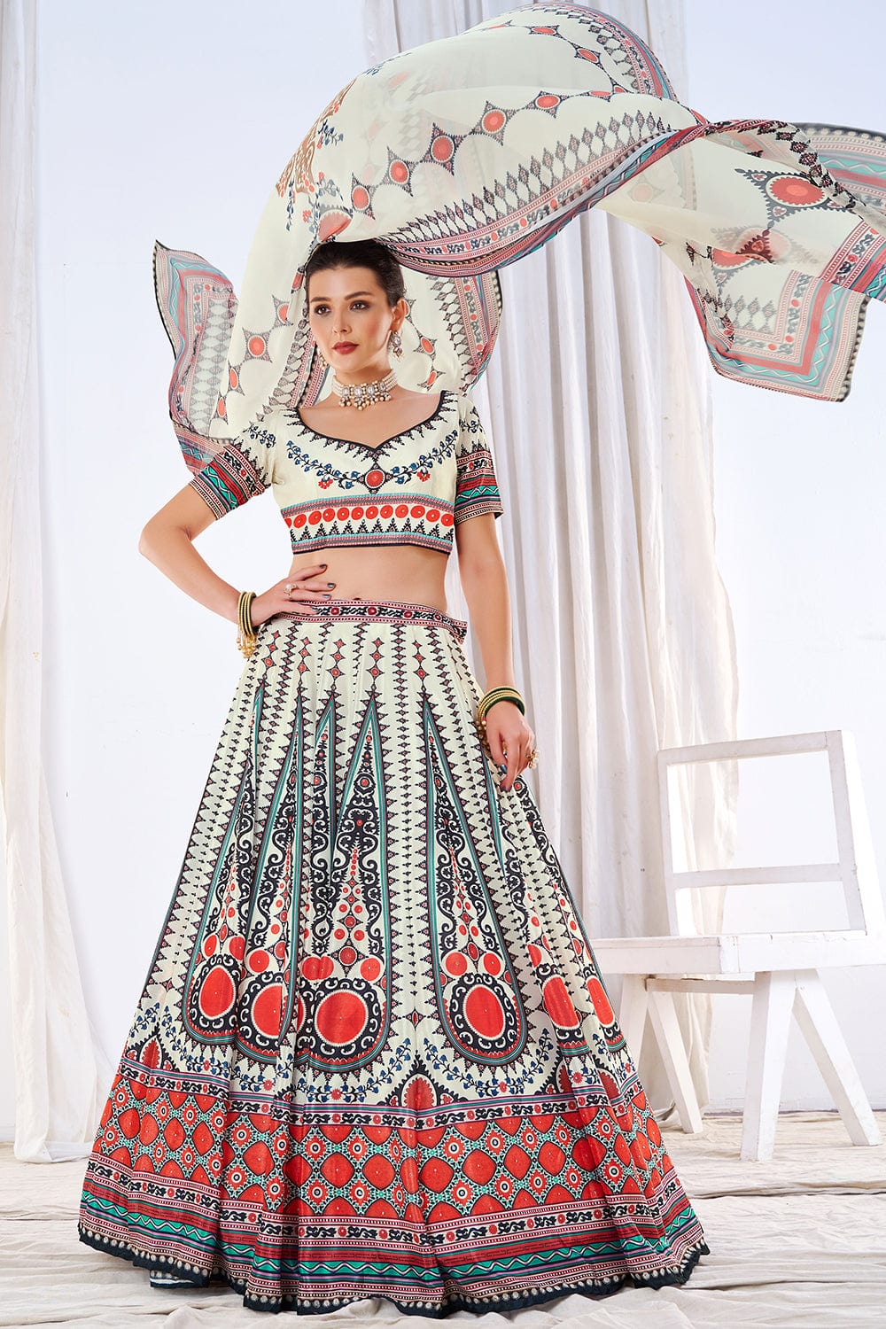 WOMEN'S WHITE CHINON DIGITAL PRINT FESTIVE WEAR LEHENGA CHOLI