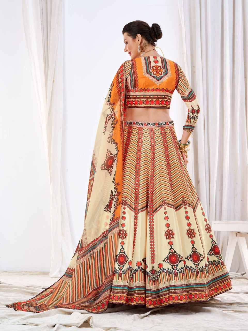 WOMEN'S PEACH CHINON DIGITAL PRINT FESTIVE WEAR LEHENGA CHOLI