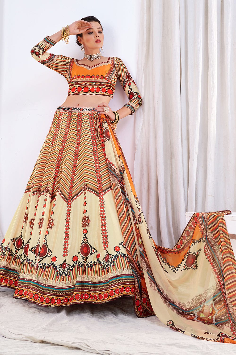 WOMEN'S PEACH CHINON DIGITAL PRINT FESTIVE WEAR LEHENGA CHOLI