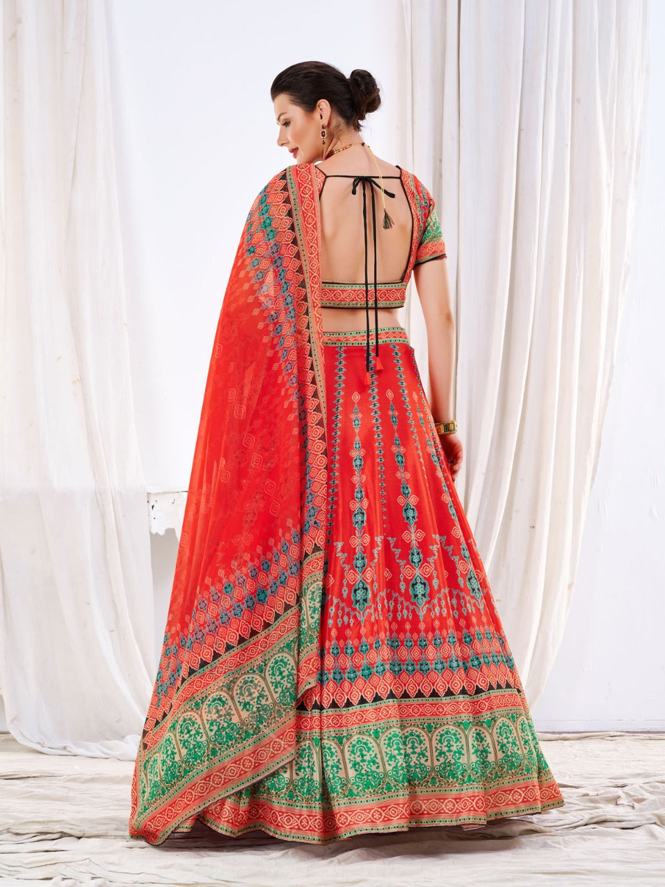 WOMEN'S RED CHINON DIGITAL PRINT FESTIVE WEAR LEHENGA CHOLI