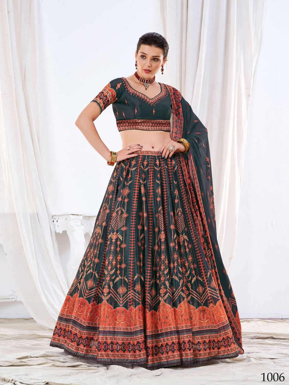 WOMEN'S BLACK CHINON DIGITAL PRINT FESTIVE WEAR LEHENGA CHOLI