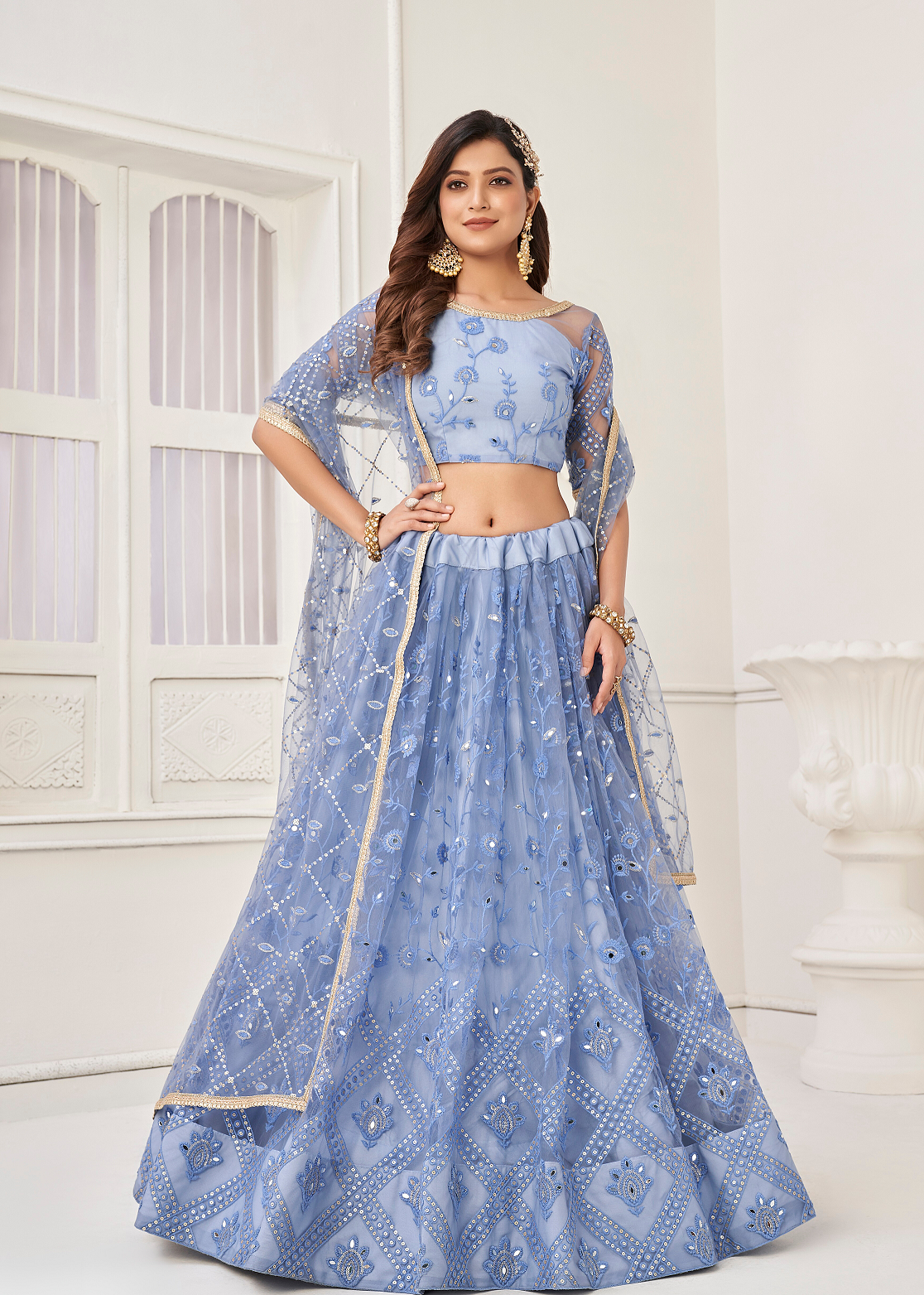 WOMEN'S BLUE BUTTERFLY NET WITH SEQUINS AND EMBROIDERY WORK LEHENGA CHOLI FOR PARTY WEAR