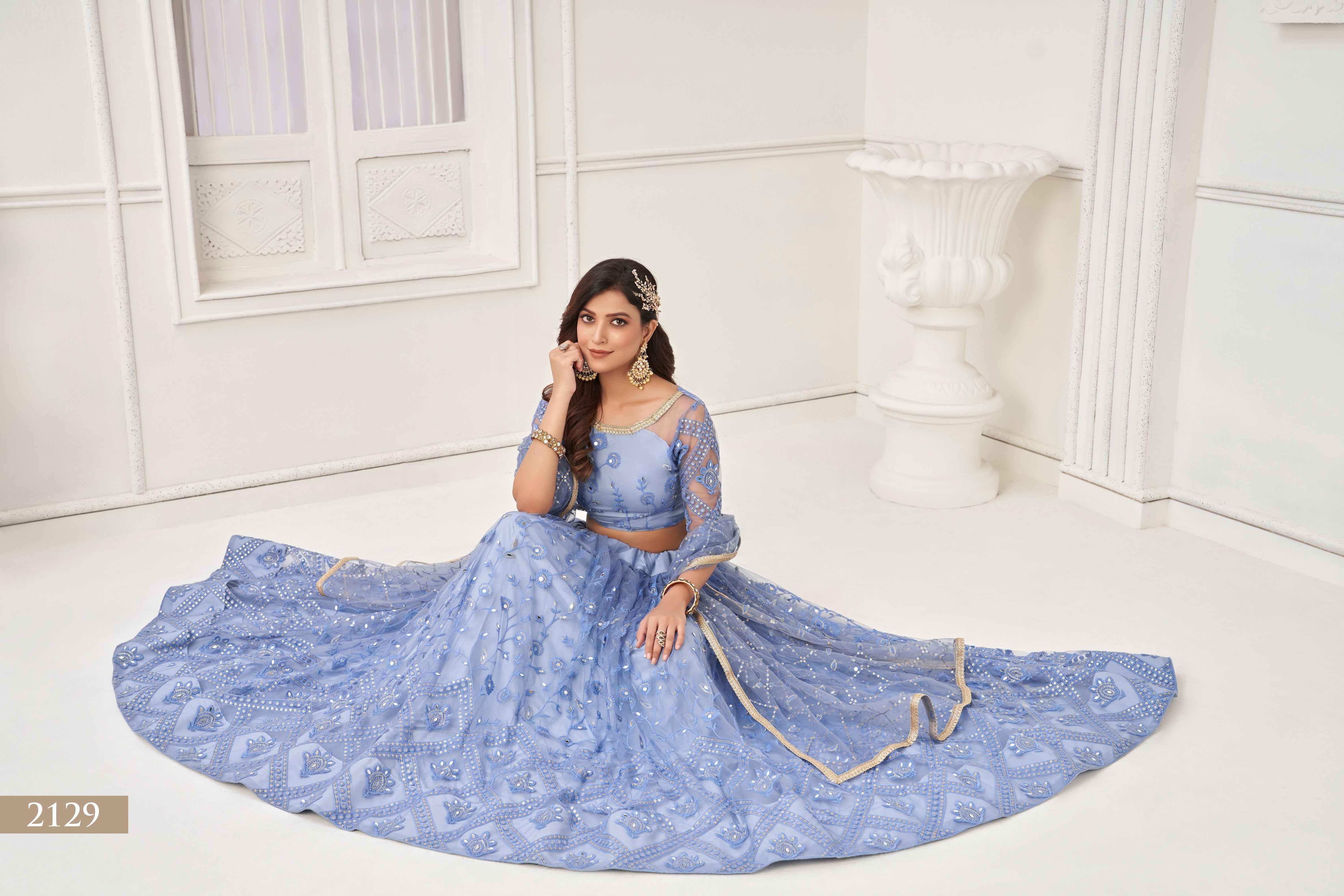 WOMEN'S BLUE BUTTERFLY NET WITH SEQUINS AND EMBROIDERY WORK LEHENGA CHOLI FOR PARTY WEAR