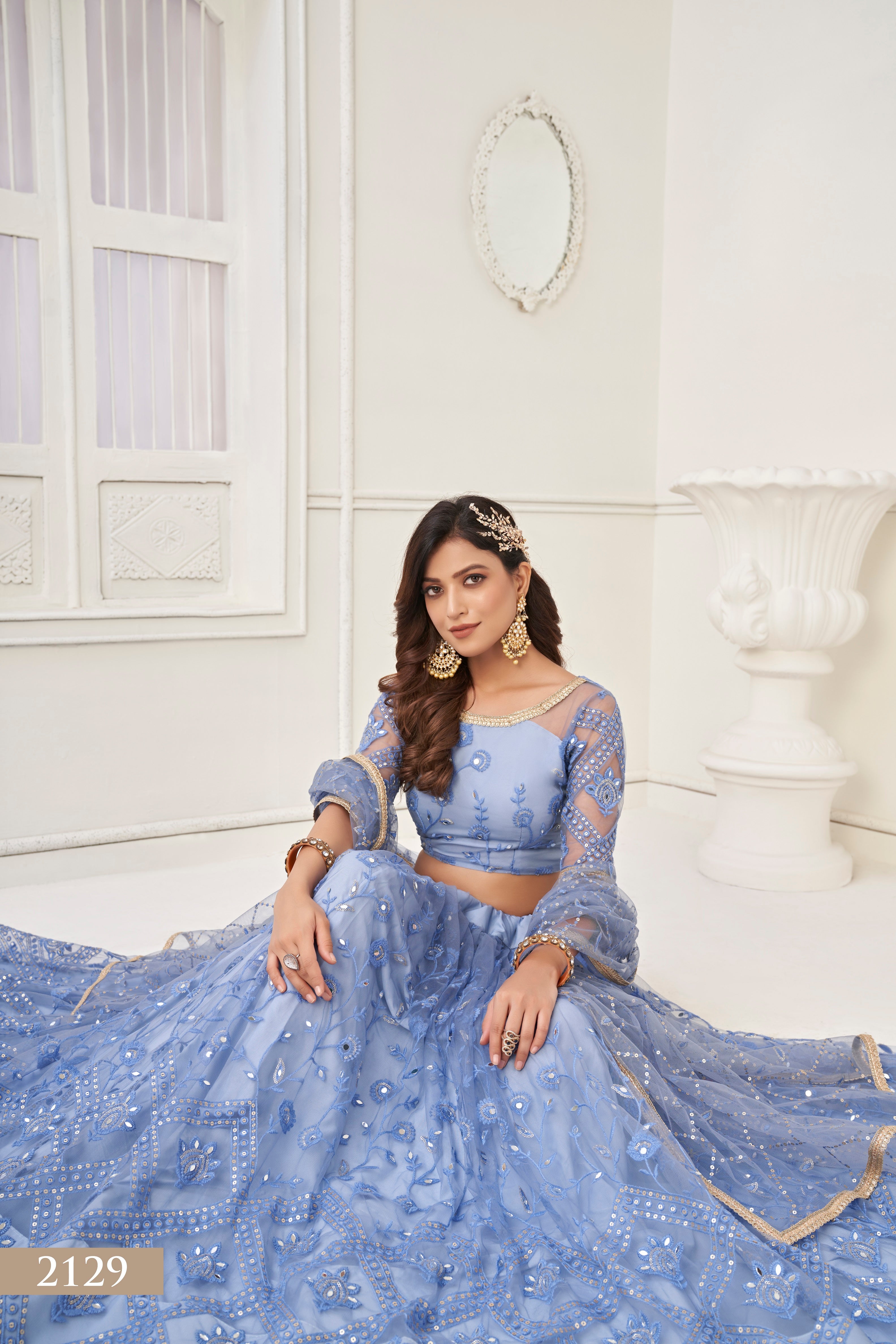 WOMEN'S BLUE BUTTERFLY NET WITH SEQUINS AND EMBROIDERY WORK LEHENGA CHOLI FOR PARTY WEAR