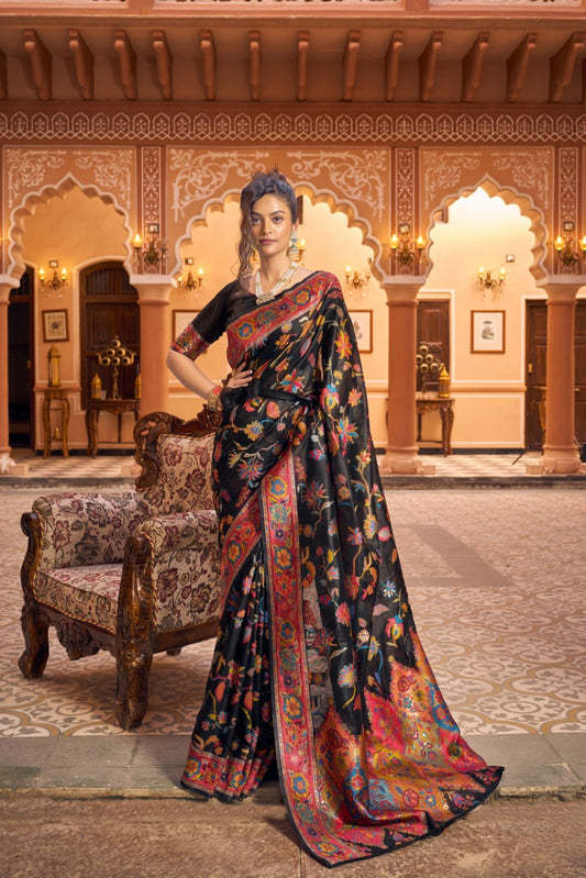 Vsaree Black Cotton Blend Saree And Zari With Multiple Thread Work Pallu And Boder With Blouse