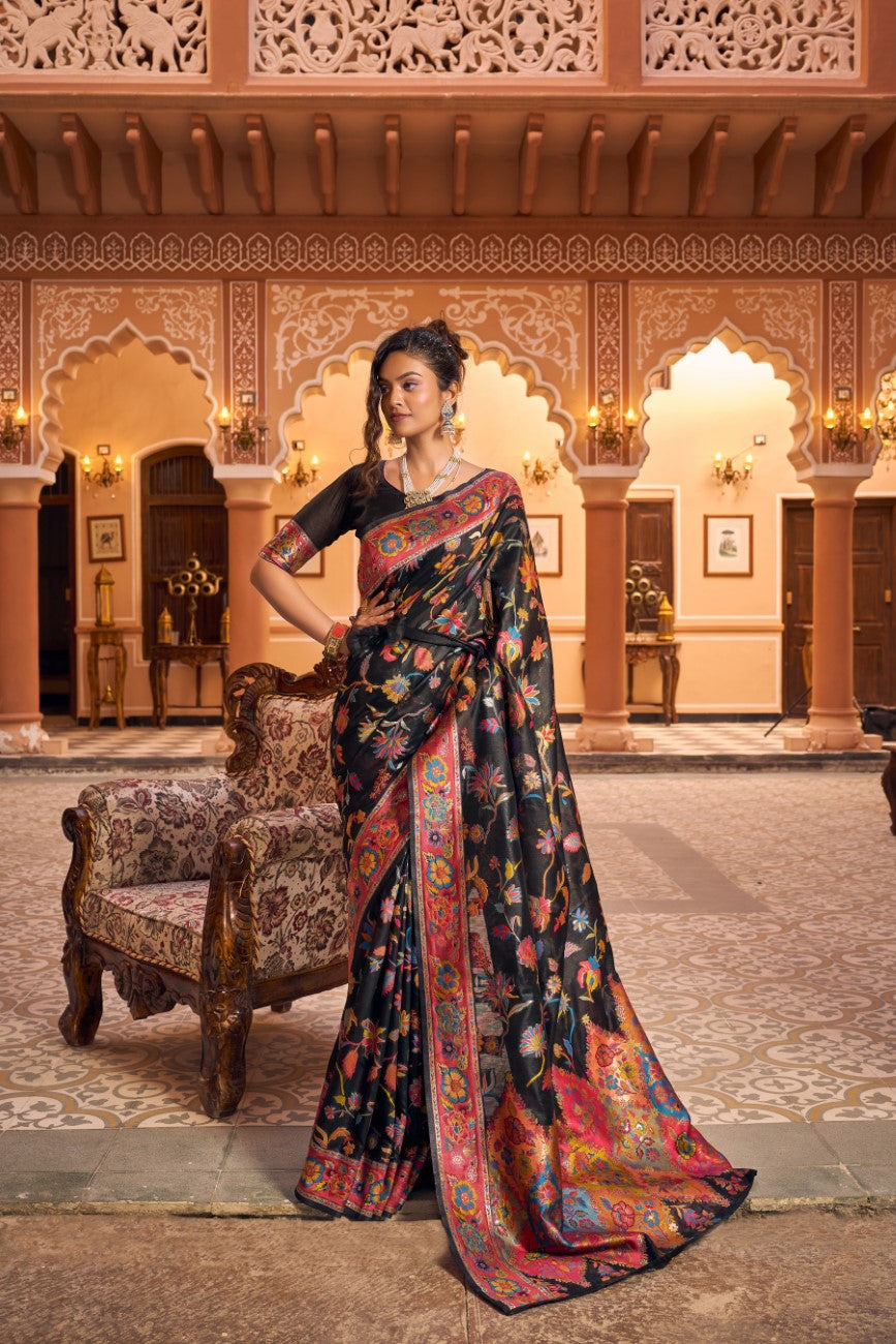 Vsaree Black Cotton Blend Saree And Zari With Multiple Thread Work Pallu And Boder With Blouse