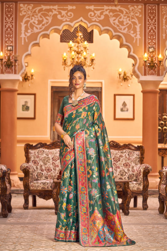 Vsaree Green Cotton Blend Saree And Zari With Multiple Thread Work Pallu And Boder With Blouse