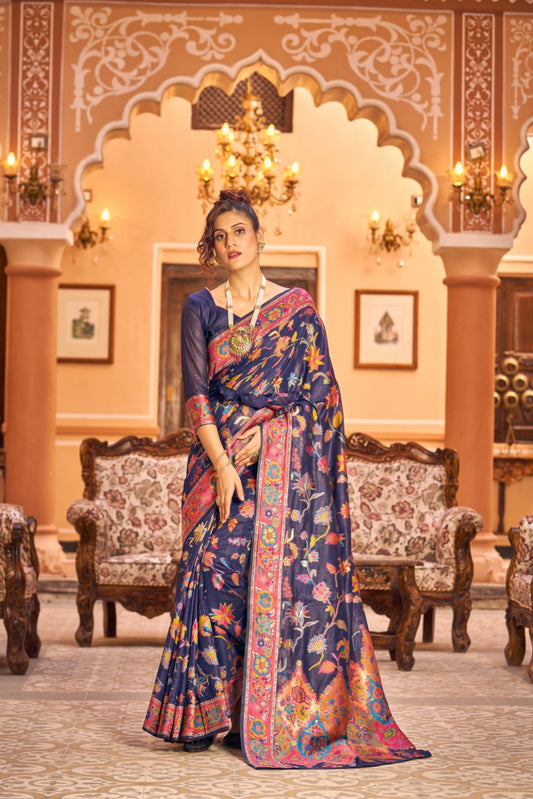 Vsaree Navy Blue Cotton Blend Saree And Zari With Multiple Thread Work Pallu And Boder With Blouse