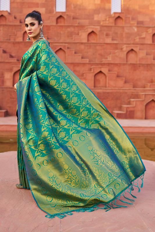 Vsaree Green Silk Blend Saree With Designer Border And Heavy Pallu Along With Blouse