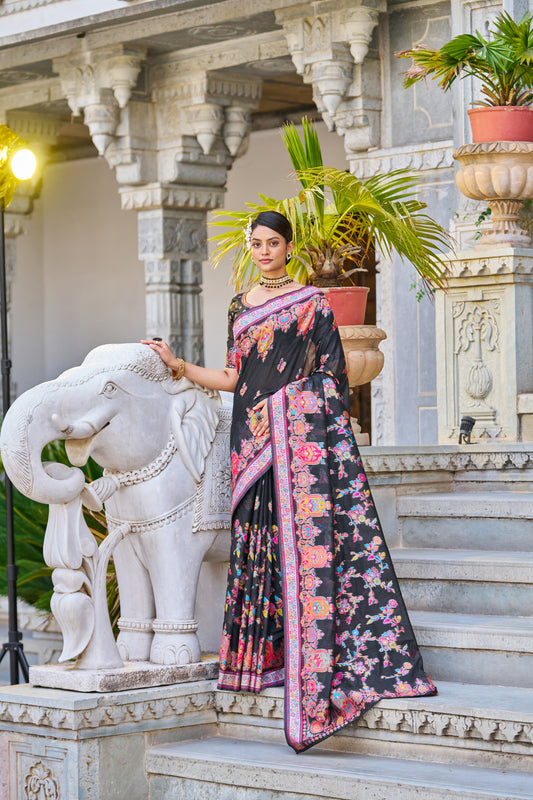 Vsaree Black Cotton Blend Saree And Zari With Multiple Thread Work Pallu And Boder With Blous