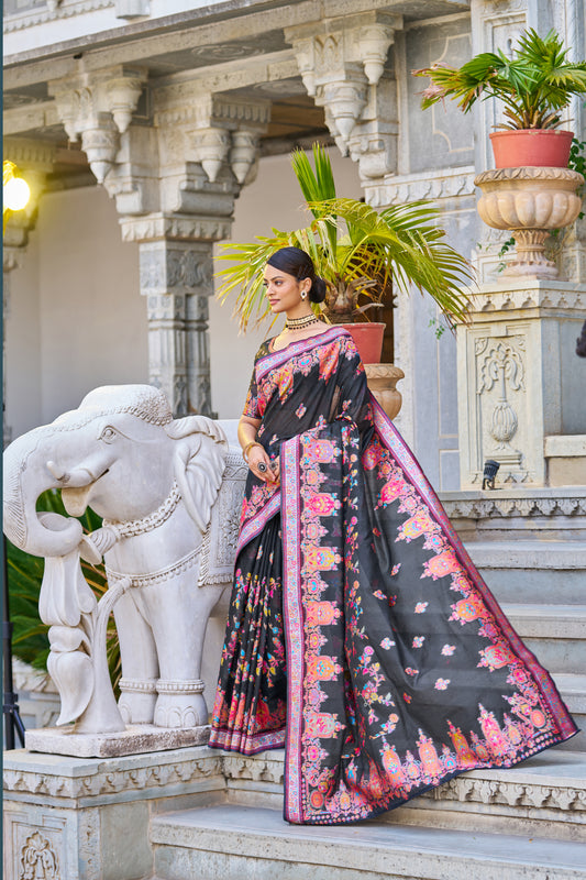 Vsaree Black Cotton Blend Saree And Zari With Multiple Thread Work Pallu And Boder With Blous