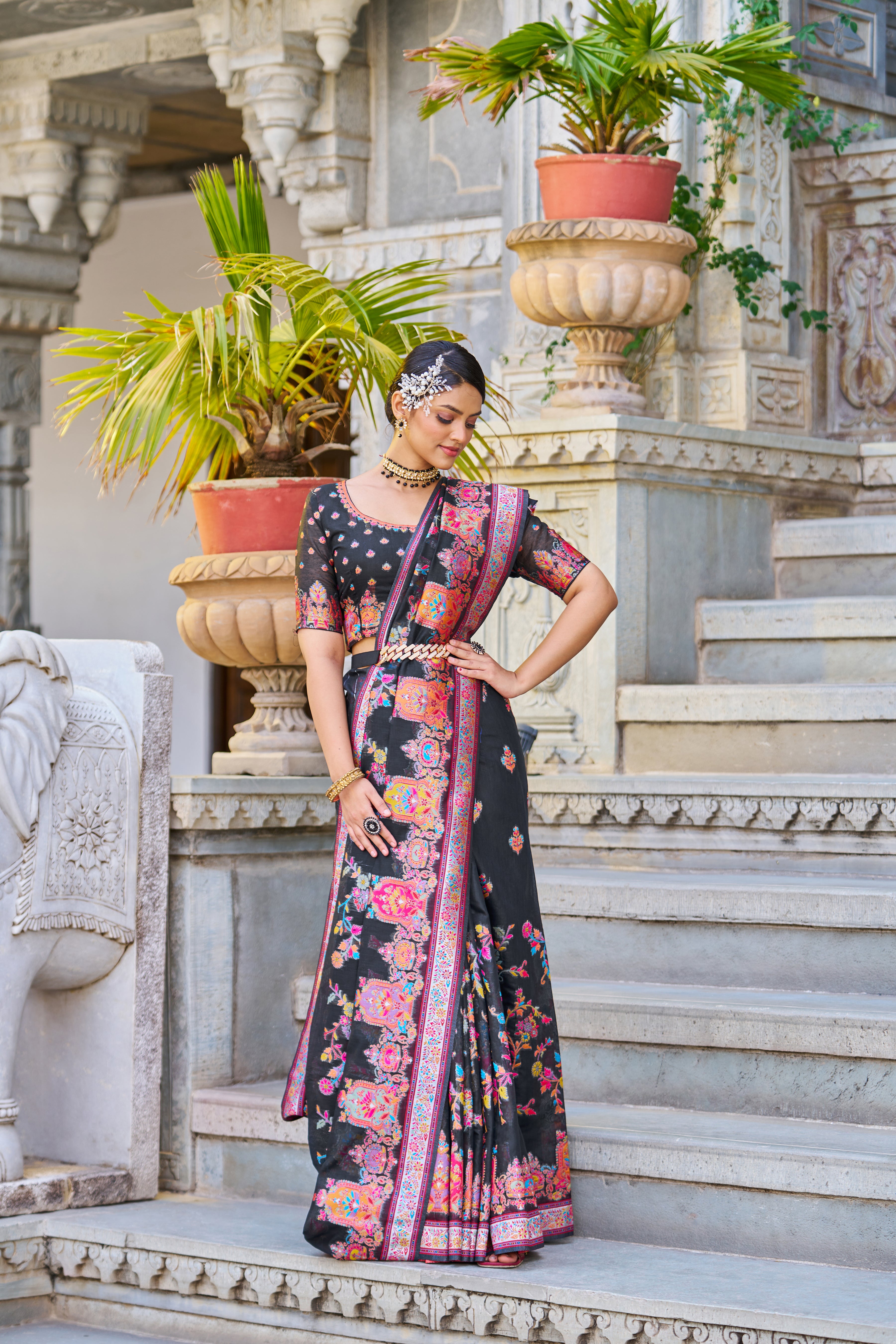 Vsaree Black Cotton Blend Saree And Zari With Multiple Thread Work Pallu And Boder With Blous