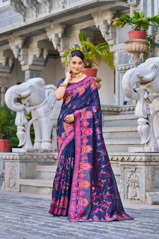 Vsaree Blue Cotton Blend Saree And Zari With Multiple Thread Work Pallu And Boder With Blouse