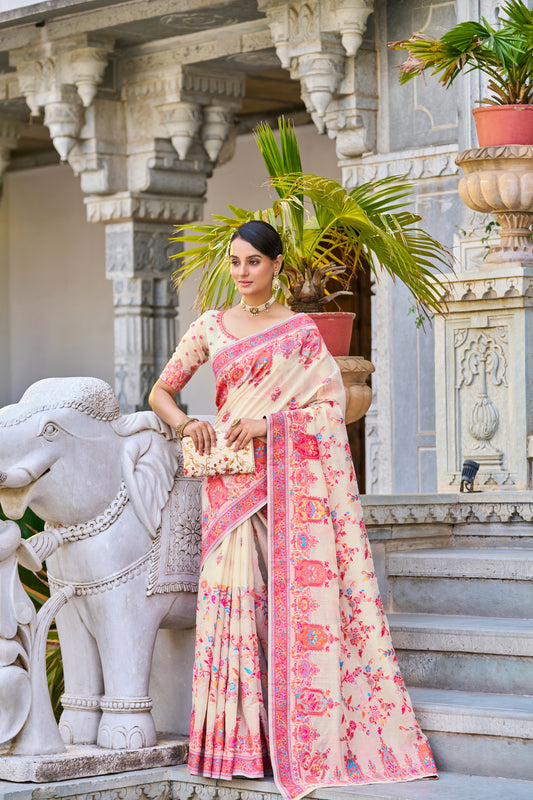 Vsaree Cream Cotton Blend Saree And Zari With Multiple Thread Work Pallu And Boder With Blouse