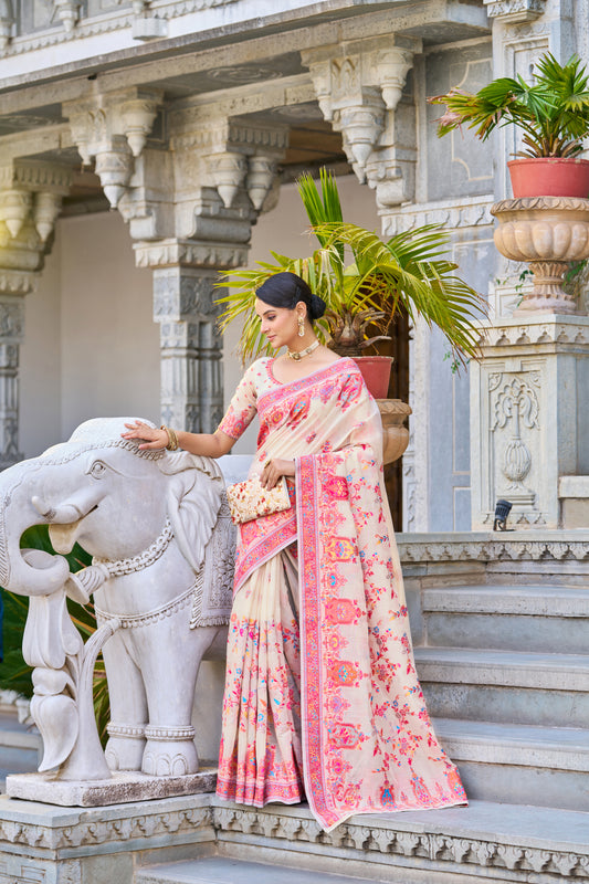 Vsaree Cream Cotton Blend Saree And Zari With Multiple Thread Work Pallu And Boder With Blouse