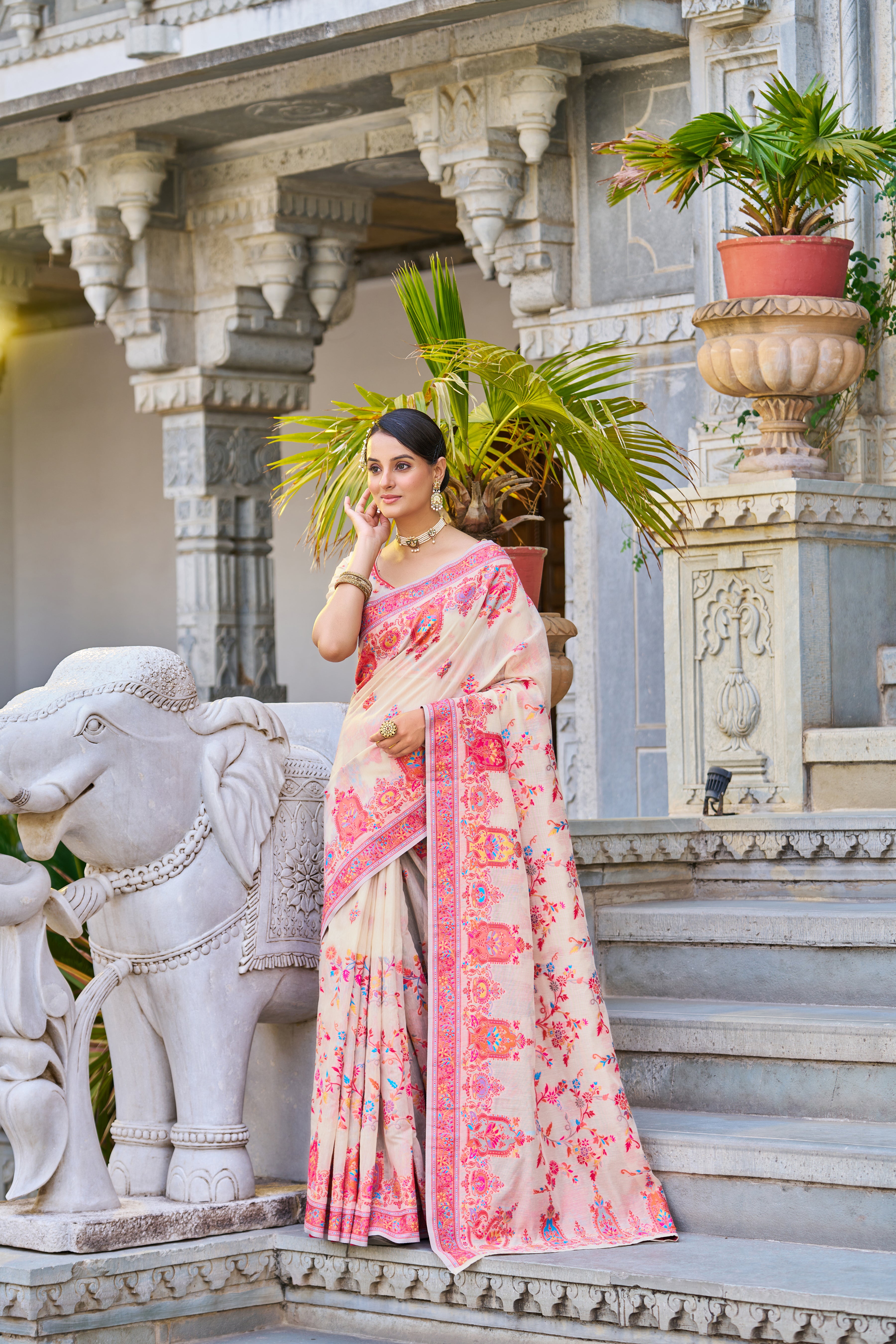 Vsaree Banarasi Cotton Blend Saree With Designer Border And Blouse