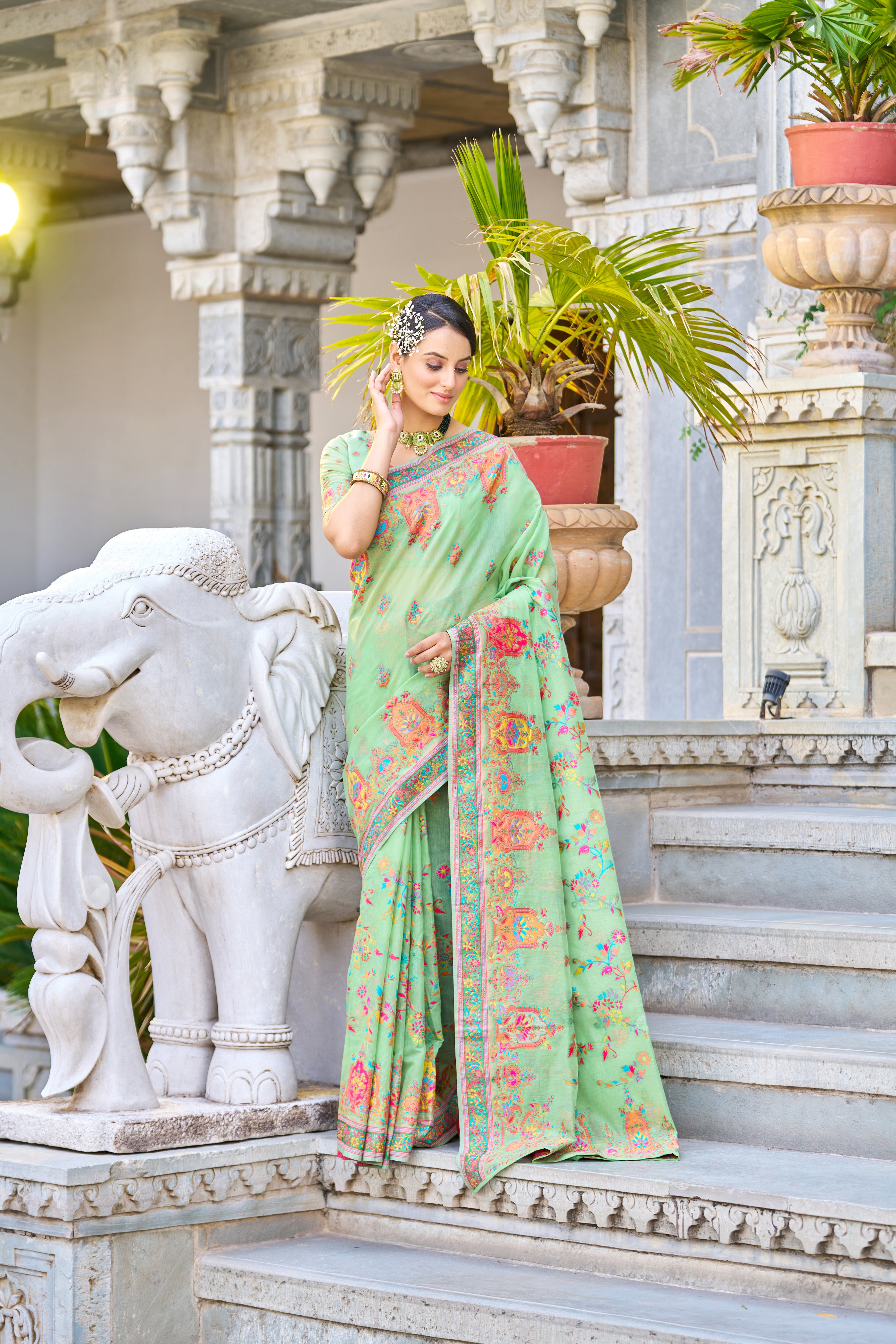 Vsaree Banarasi Cotton Blend Saree With Designer Border And Blouse