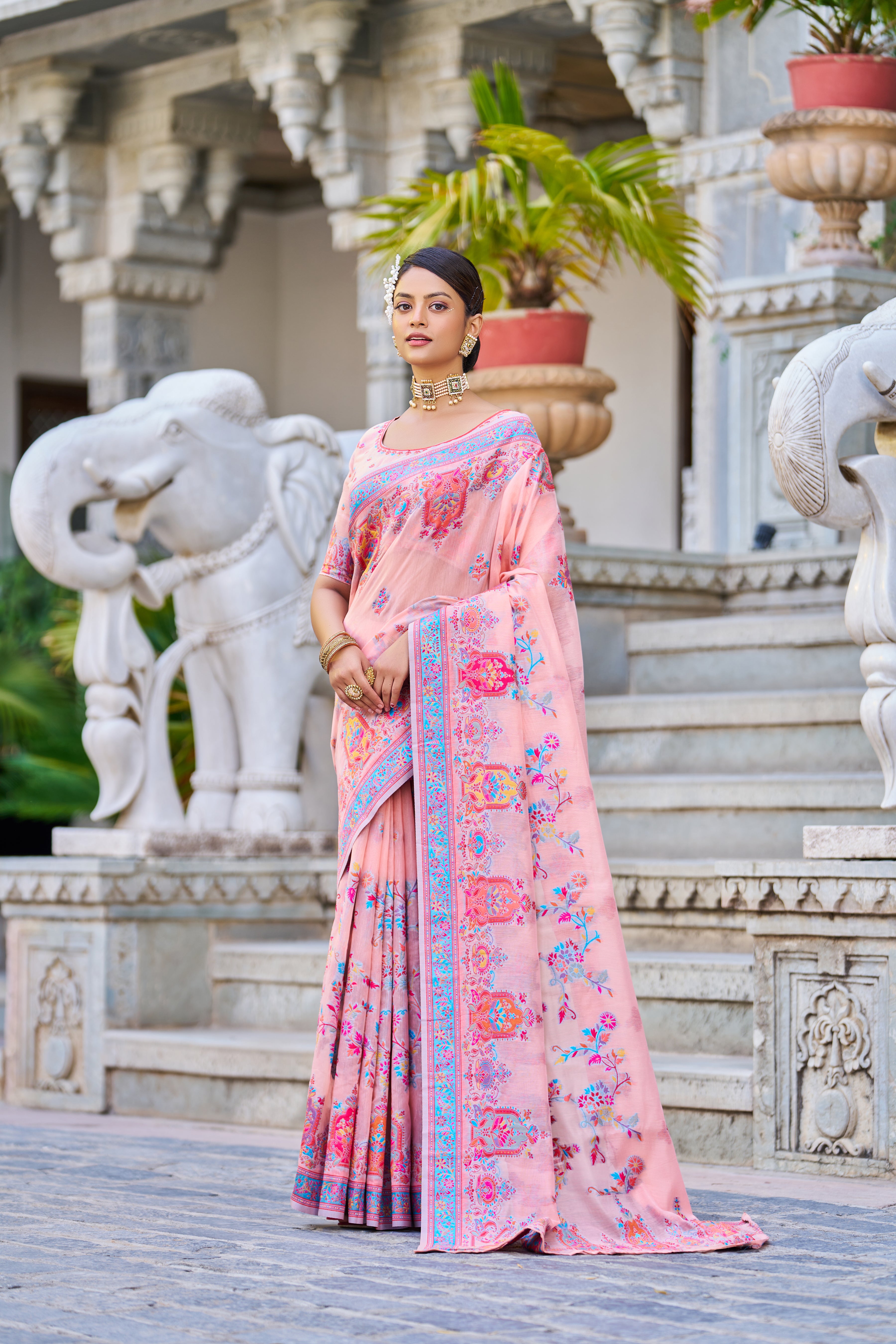 Vsaree Pink Cotton Blend Saree And Zari With Multiple Thread Work Pallu And Boder With Blouse