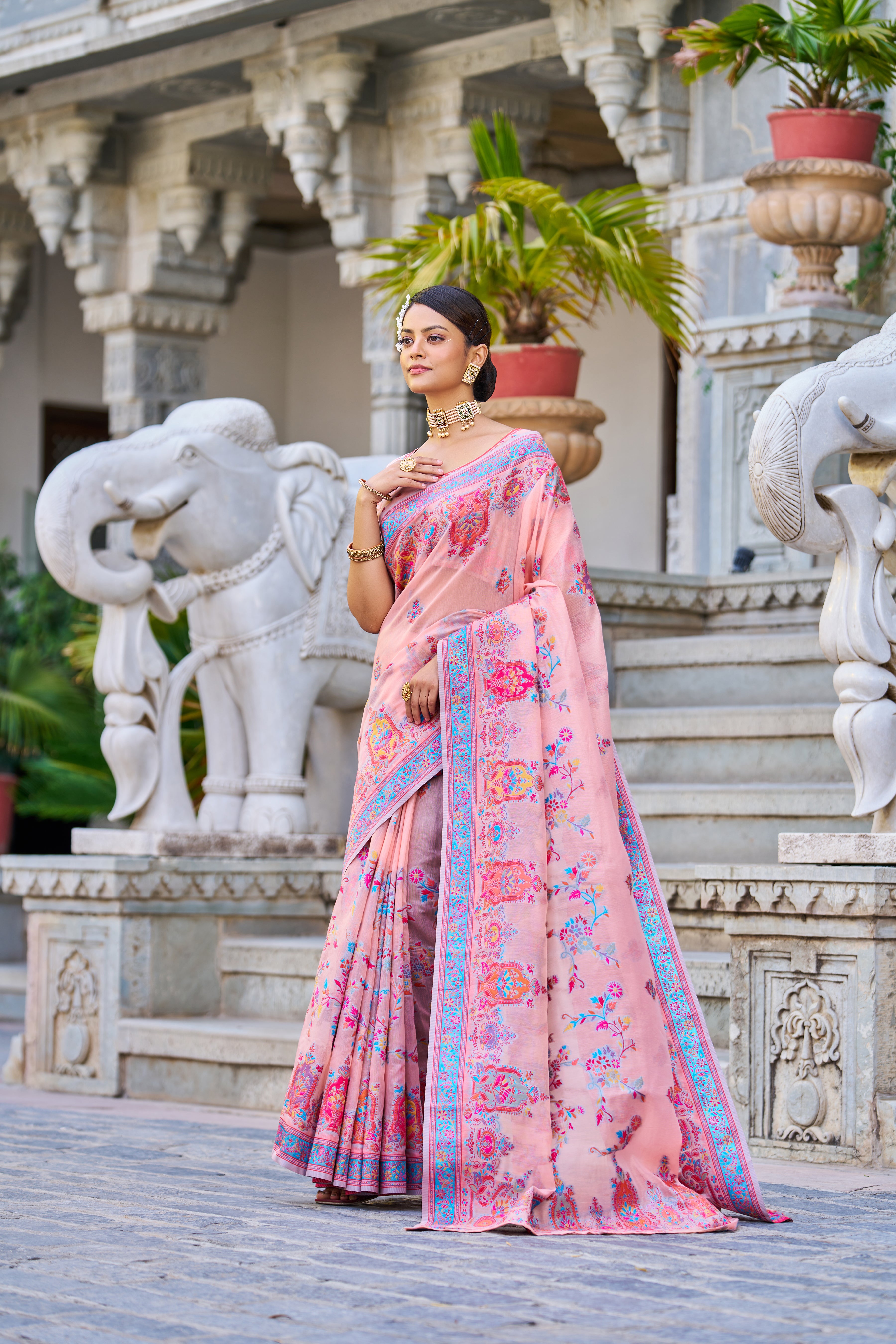 Vsaree Pink Cotton Blend Saree And Zari With Multiple Thread Work Pallu And Boder With Blouse