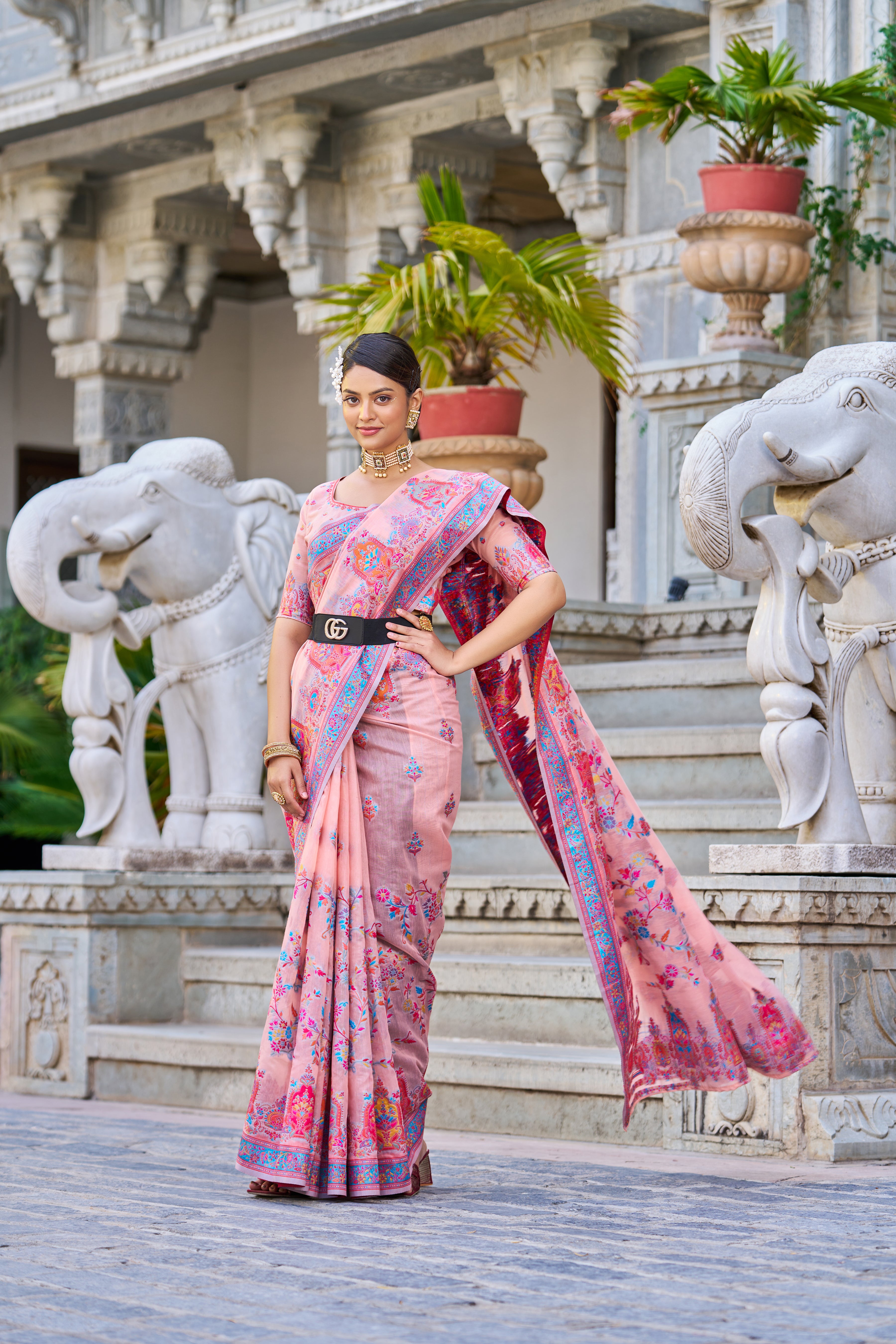 Vsaree Pink Cotton Blend Saree And Zari With Multiple Thread Work Pallu And Boder With Blouse