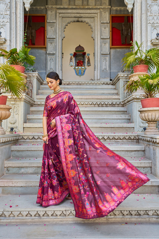 Vsaree Wine Cotton Blend Saree And Zari With Multiple Thread Work Pallu And Boder With Blouse