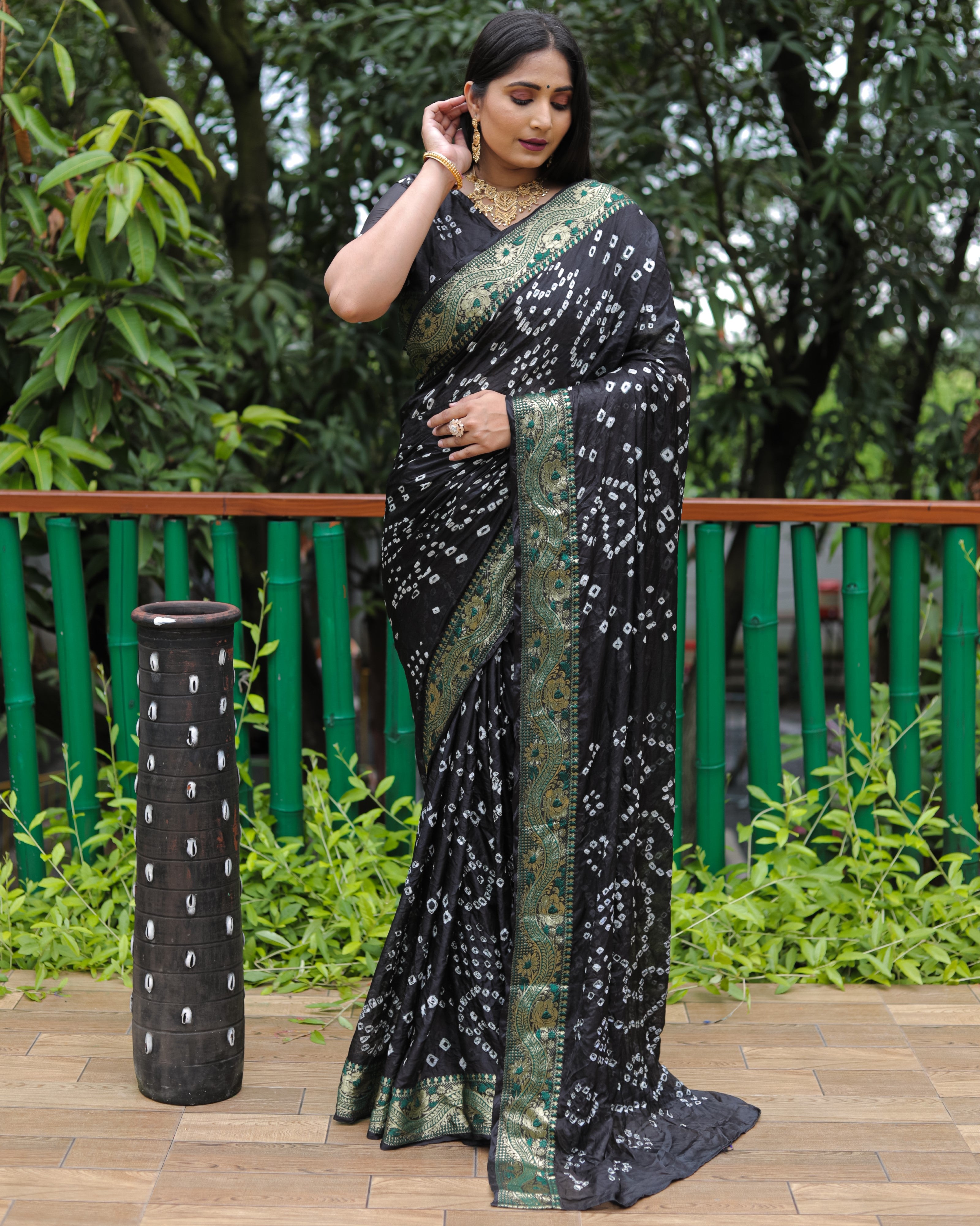 Vsaree Bandhej Tapeta Silk Zari Weaving Border With Zari Weaving Pallu Saree With Blouse For Women