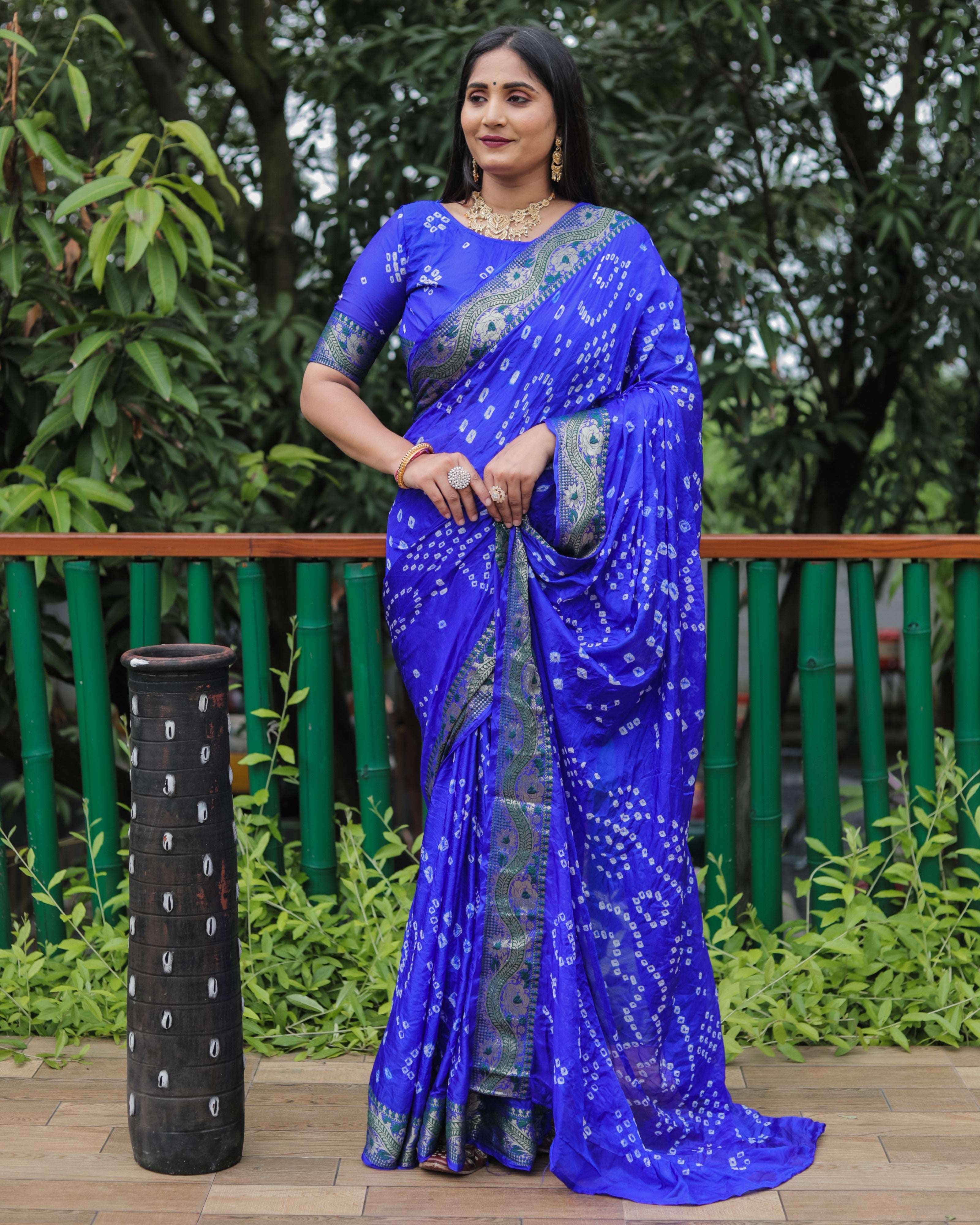 Vsaree Bandhej Tapeta Silk Zari Weaving Border With Zari Weaving Pallu Saree With Blouse For Women