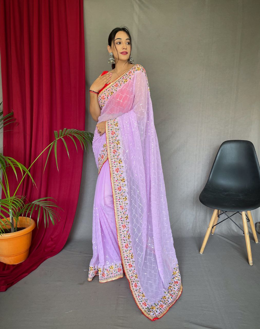 Vsaree Embroidery And Sequence Work Soft Silk Saree And Printed Pallu With Blouse For Women