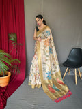 Designer Katha Stitch Saree And Printed Zari Weaving Border Saree With Rich Pallu And Blouse