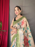 Designer Katha Stitch Saree And Printed Zari Weaving Border Saree With Rich Pallu And Blouse